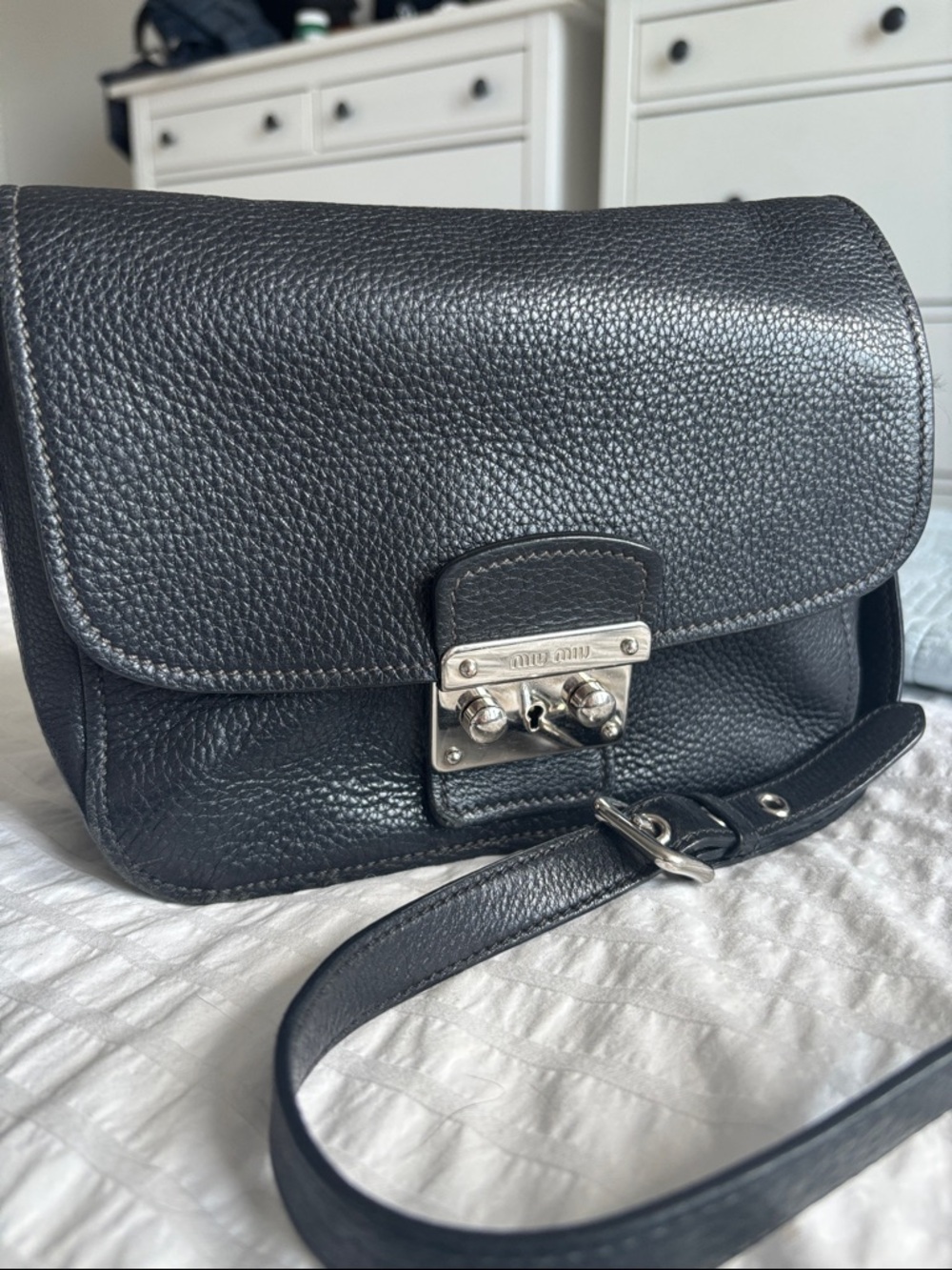 Miu Miu Black Pebbled Leather Lock-Front Crossbody